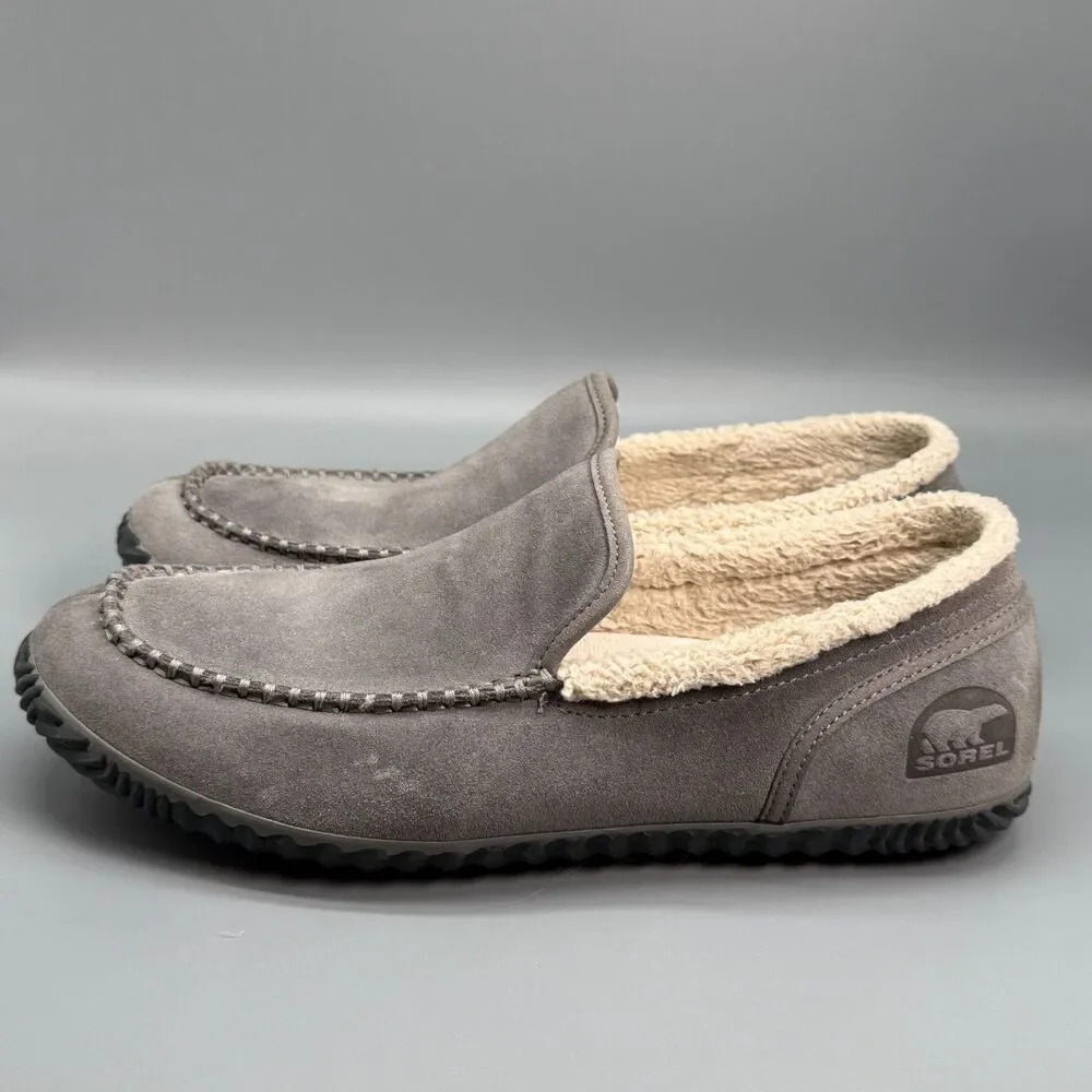 Sorel Dude Moc Men's 11.5 Gray Suede Faux Fur Lined Casual Moccasin Slipper